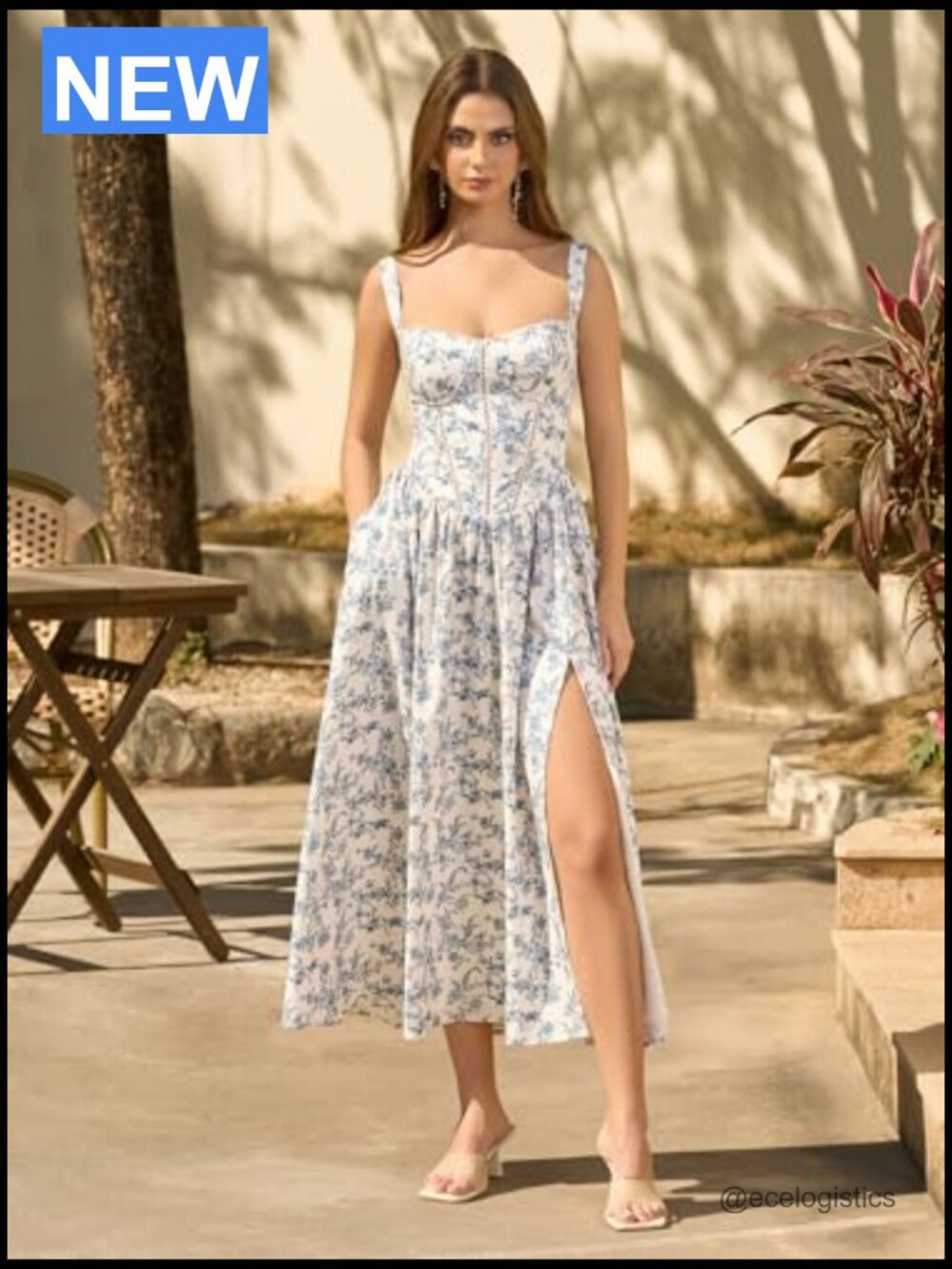 Floral Corset Midi Dress Flowy with Pockets Smocked Back Slit Wedding Guest - Picture 6 of 7